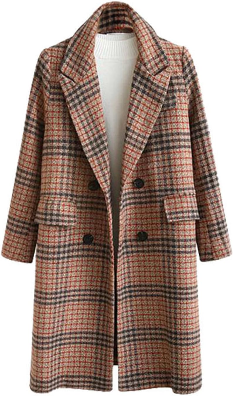Women Winter Oversize Lapel Collar Woolen Plaid Double Breasted Long Peacoat Jacket
