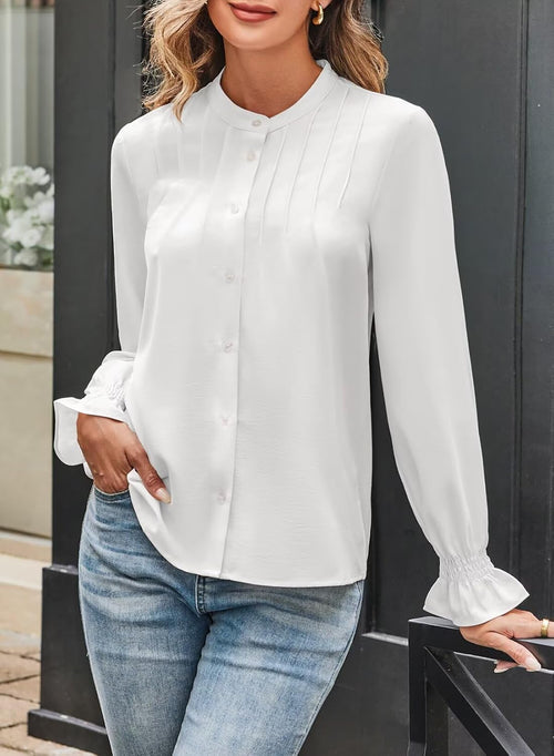 Astylish Women Casual Blouses Button-Down Business Work Tops Long Sve Mandarin Neck Pleated Shirts 2025 Fall Outfits