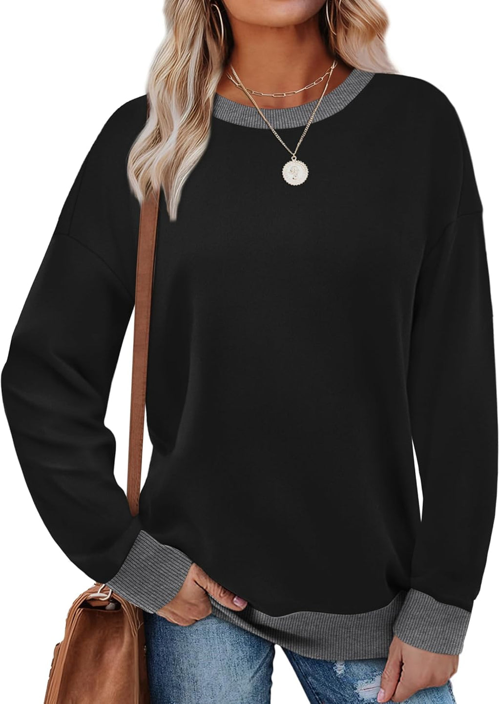 Sweatshirts for Women Crewneck Long Sve Loose Fit Tops Color Block Ribbed Trim Fashion 2025