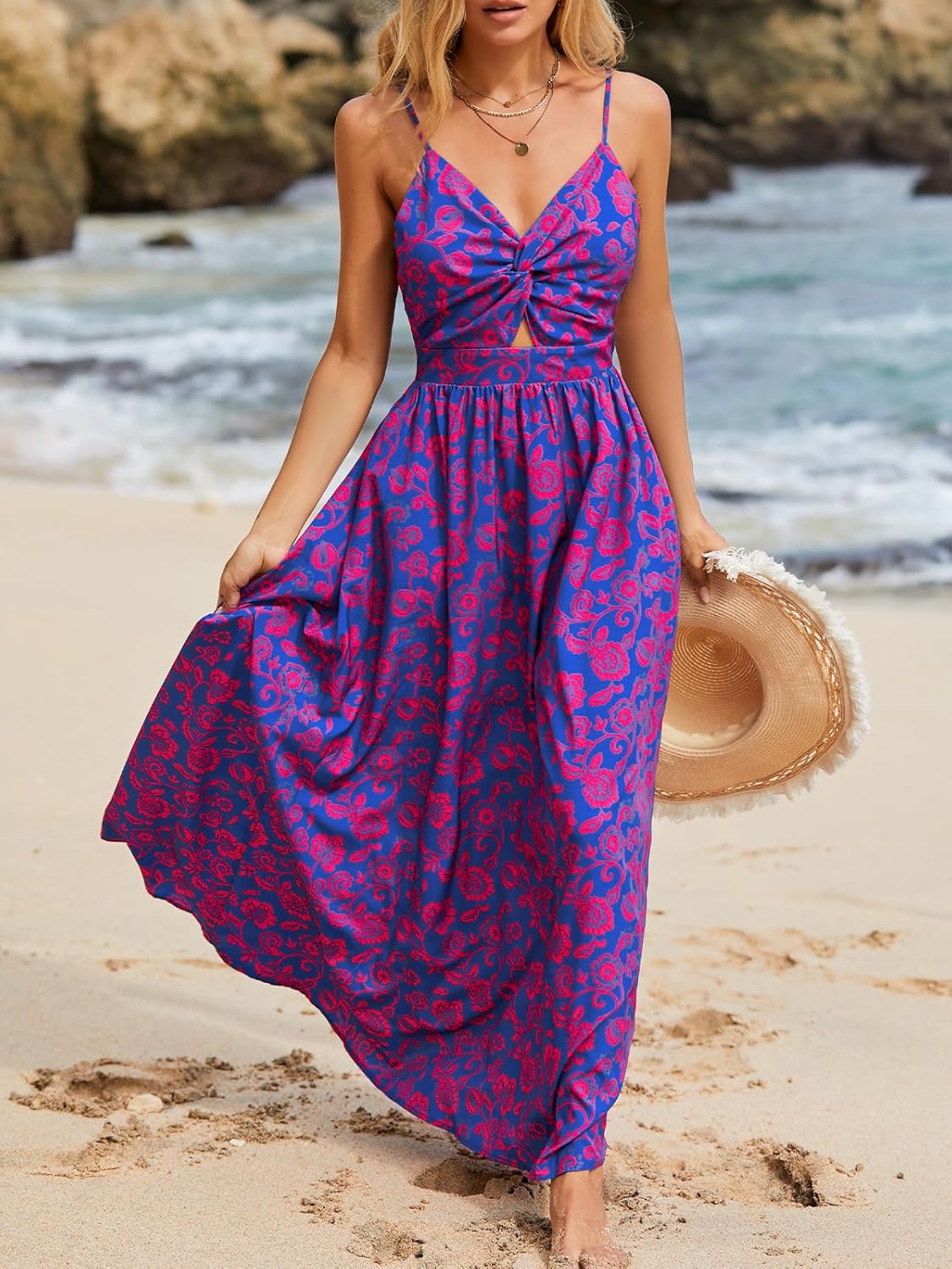 Women Maxi Dress Floral Print Twisted V Neck Sleeveless Long Dress Summer Casual Dress