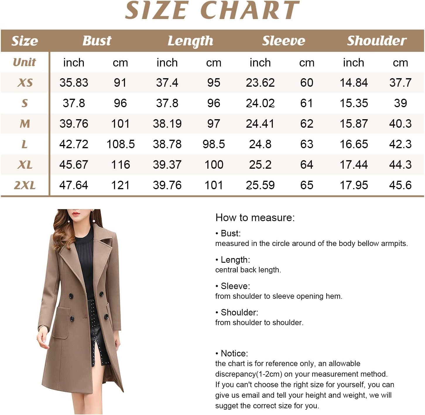 Women Elegant Notched Collar Double Breasted Wool Blend Over Coat