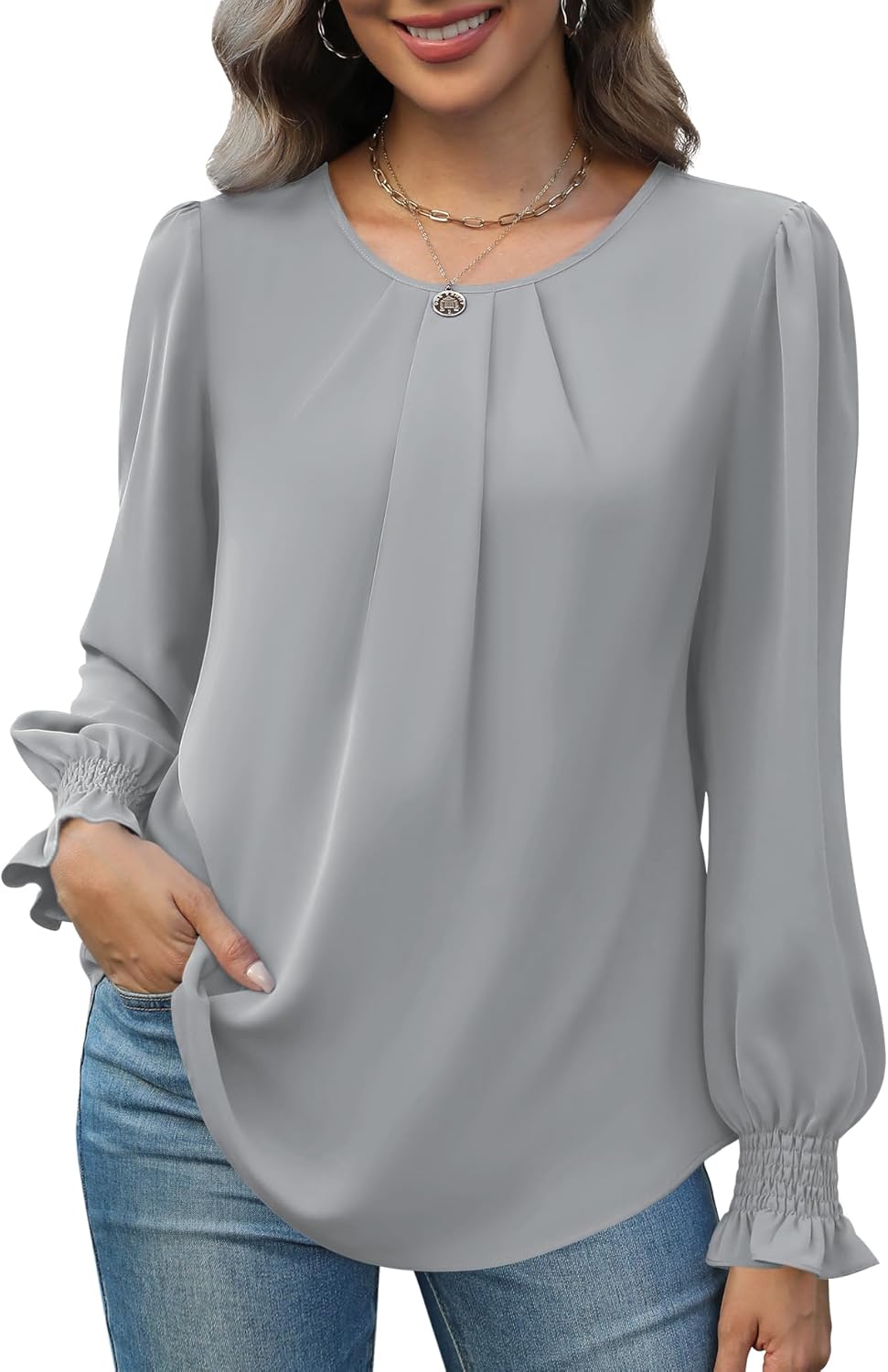 Women Tops Dressy Casual Smocked Long Sve Shirts Pleated Crew Neck Loose Chiffon Blouses Fall 2025