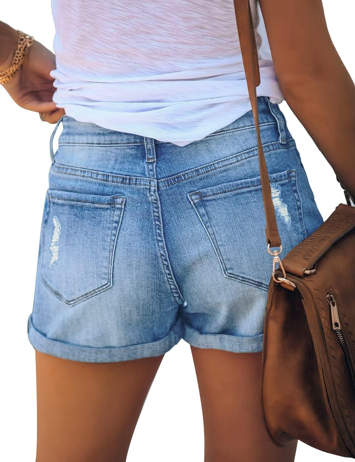 Women Ripped High Waisted Denim Shorts Stretchy Cuffed Hem Jean Shorts