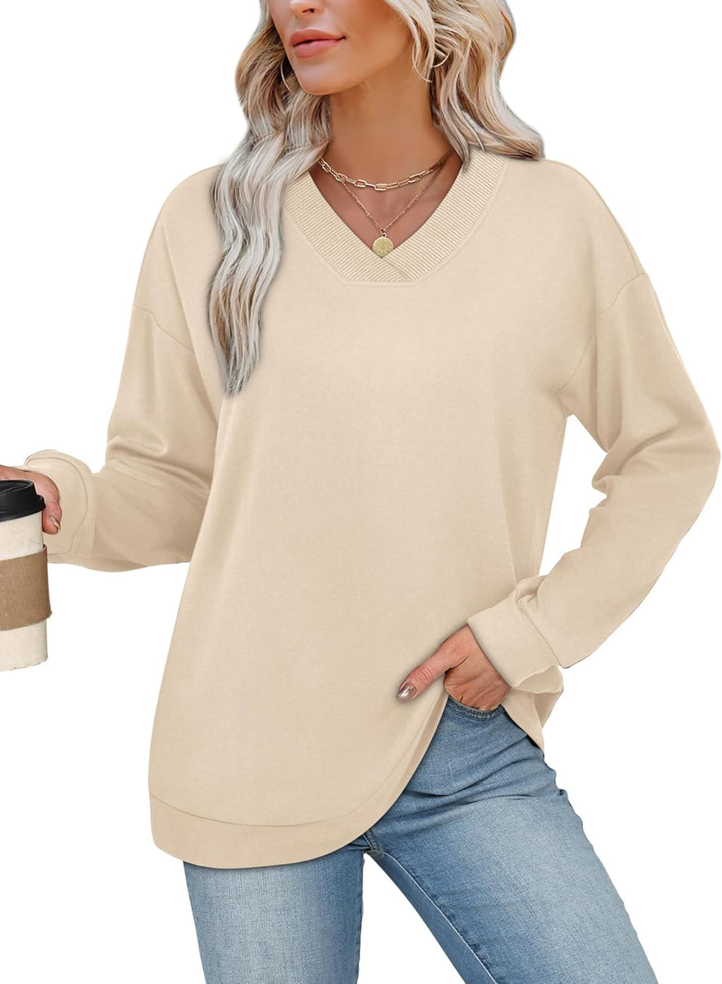 Sweatshirt for Women V Neck Sweaters Long Sve Shirts Fall Clothes Ribbed Collar 2025 Trendy Fashion