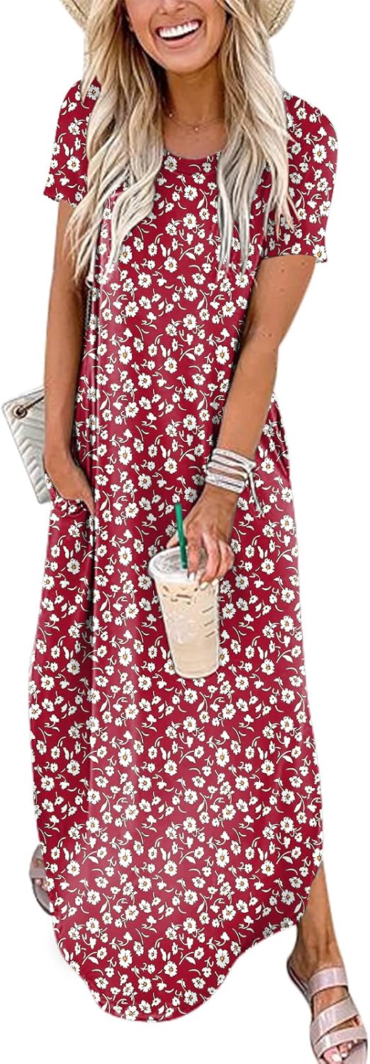 Women Summer Casual Loose Short Sleeve Long T Shirt Dress Split Maxi Beach Sundress Travel Vacation Outfits