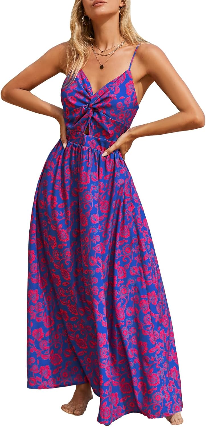 Women Maxi Dress Floral Print Twisted V Neck Sleeveless Long Dress Summer Casual Dress