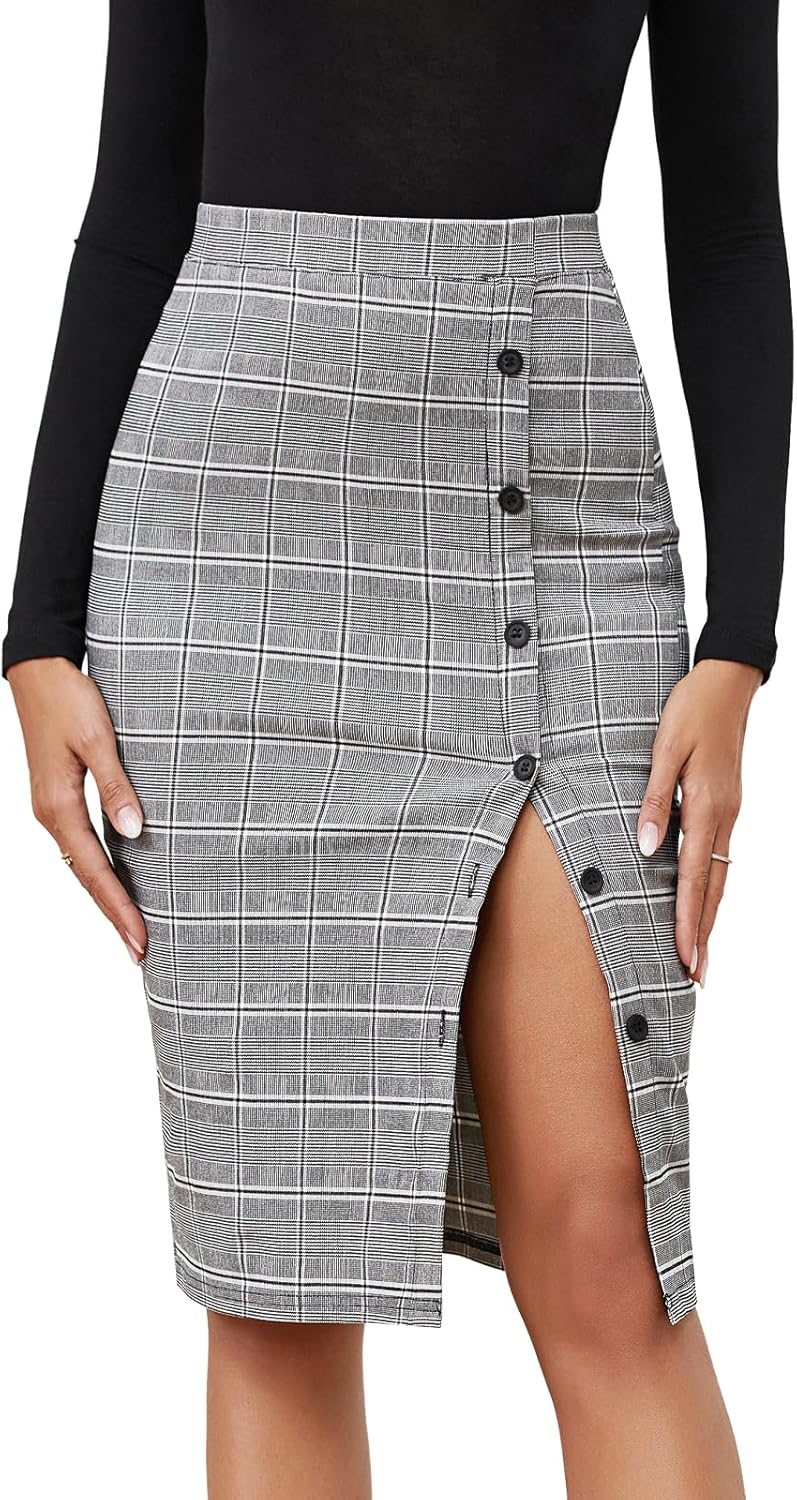 Women 2025 High Waist Pencil Skirt Button Slit Work Skirts Plaid Business Bodycon Midi Skirt Knee Length