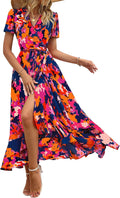 Women Summer Maxi Dress Casual Wrap Floral Boho Short Sleeve V Neck Split Ruffle Beach Long Dresses