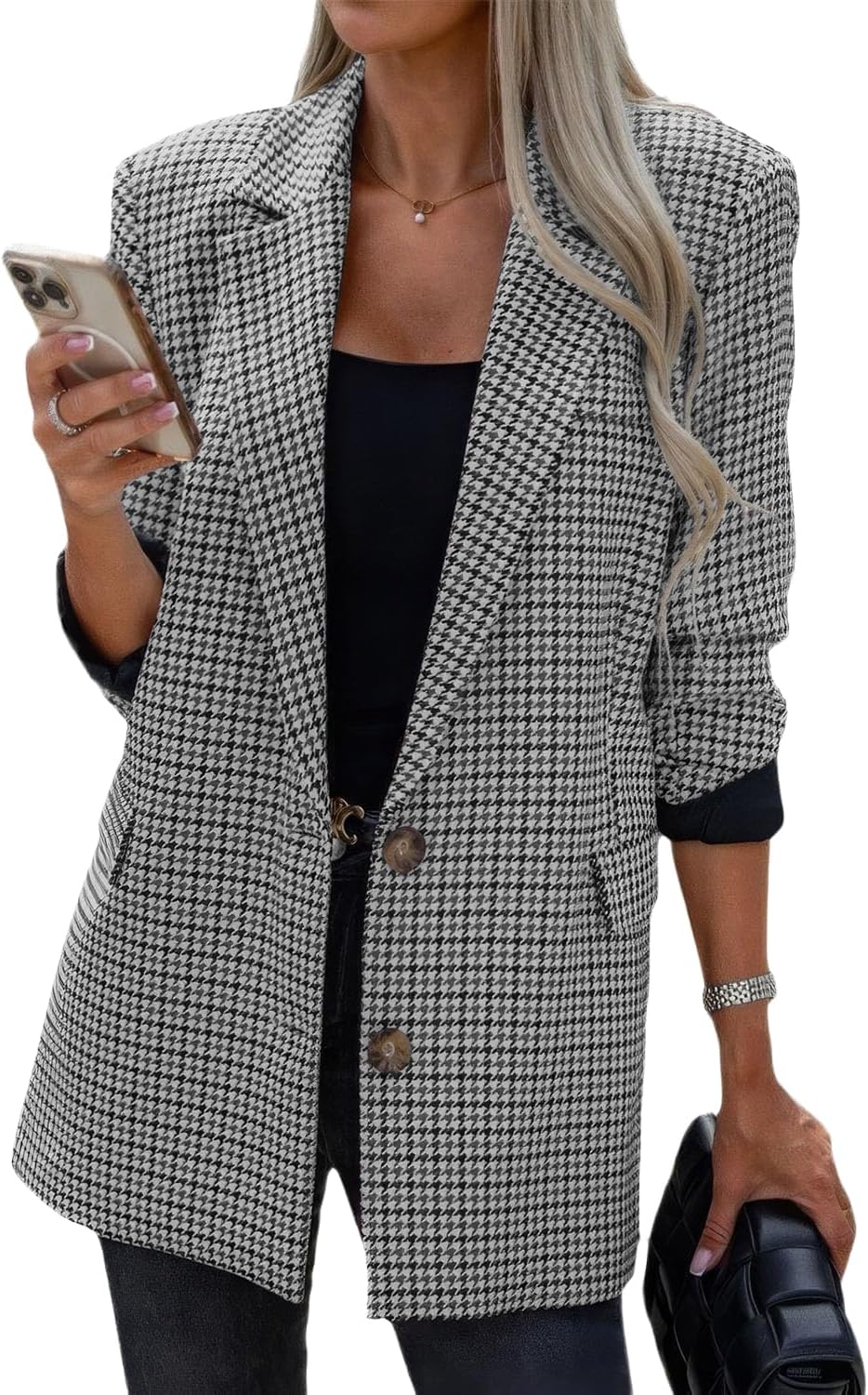 Women Casual Oversized Blazer Suit Notch Lapel Button Plaid Work Office Jacket Wool Pea Coat