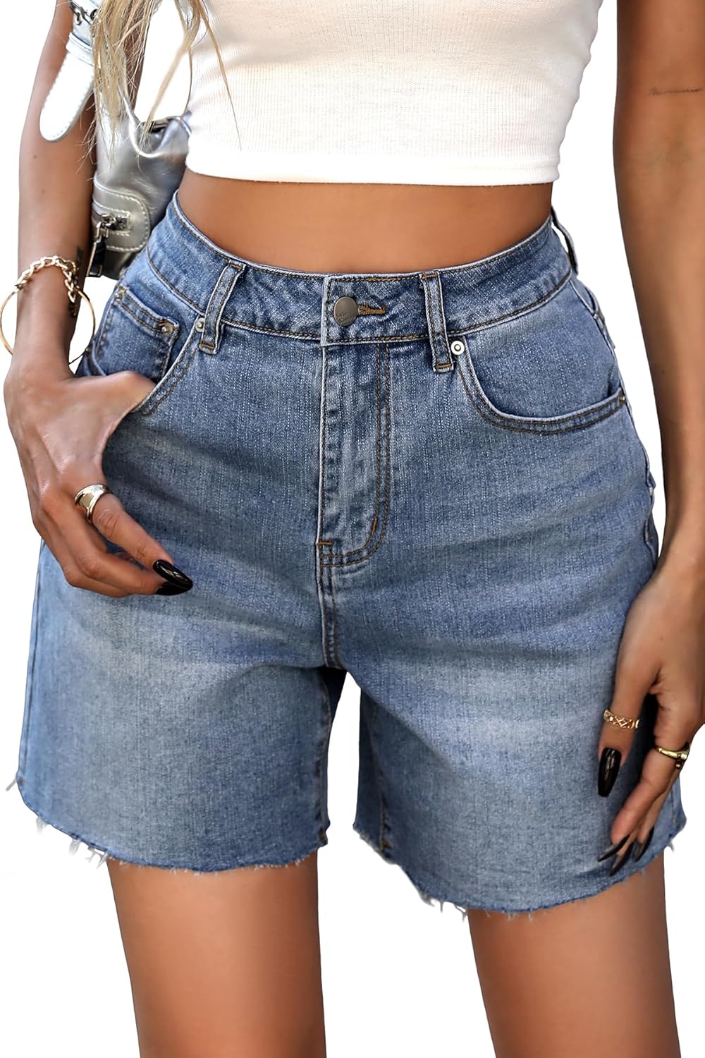 Women Raw Hem Jean Shorts, Wide Straight Leg Mom Denim Shorts