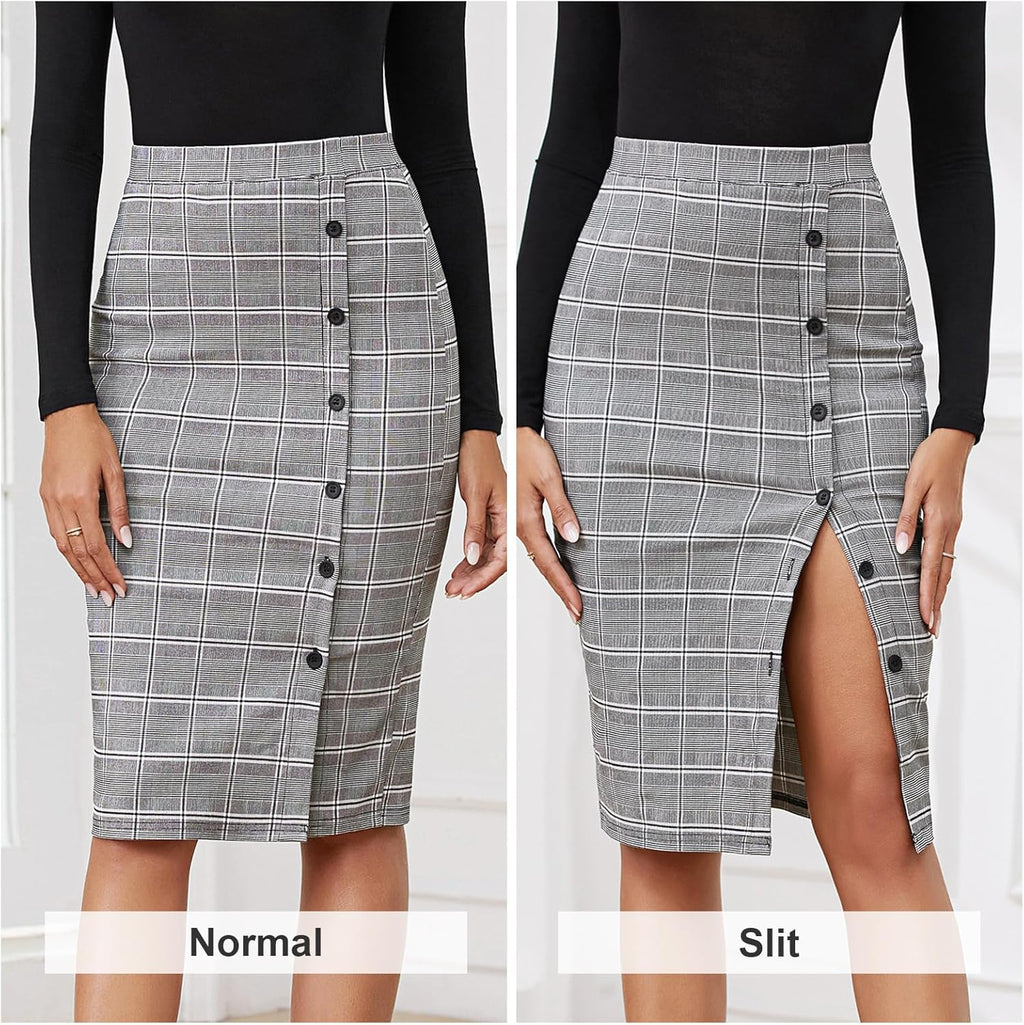 Women 2025 High Waist Pencil Skirt Button Slit Work Skirts Plaid Business Bodycon Midi Skirt Knee Length