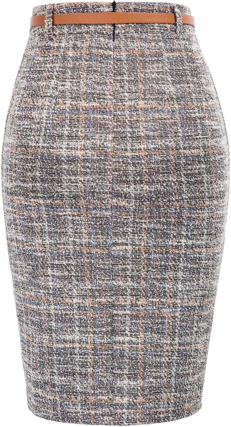 Women Tweed Pencil Skirt Knee Length High Waisted Skirts with Slit Elegant Skirts with Belt