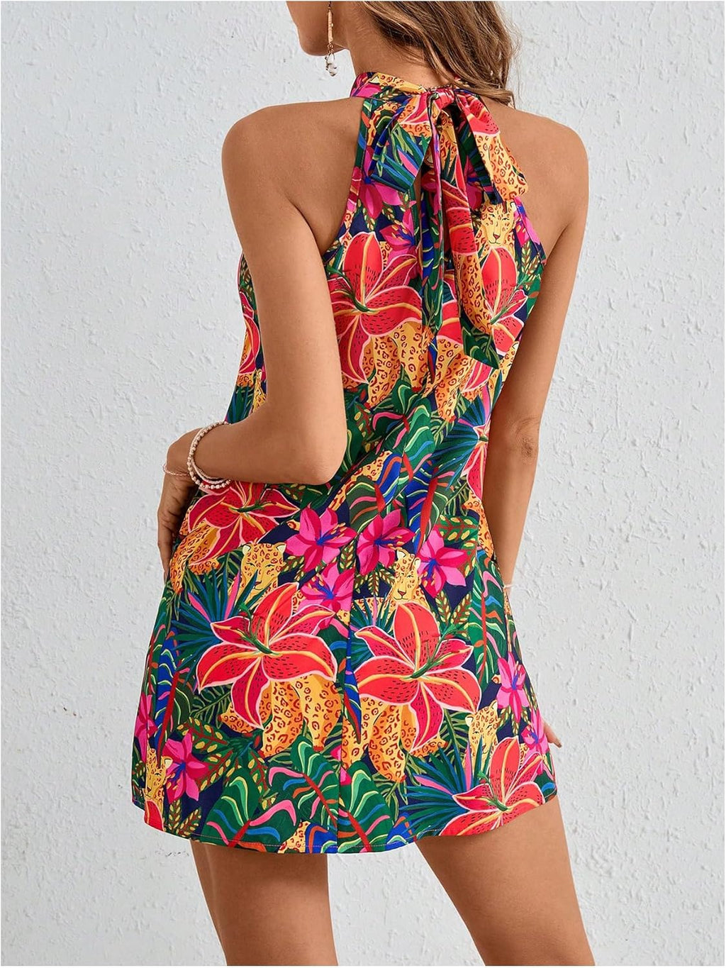 Women Sleeveless Floral Print Sundress Halter Neck A Line Short Dress