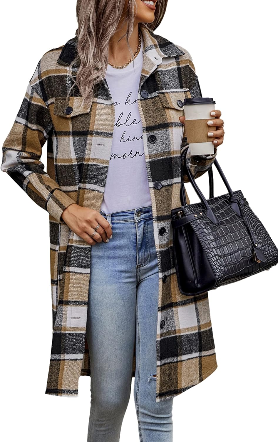Women Plaid  2024 Long Sleeve Button Up Flannel Shirt Winter Tartan Jacket Woolen Coats