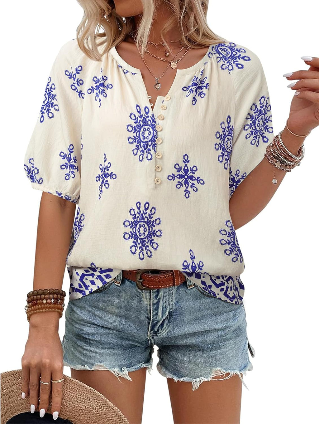 Women Summer Tops V Neck Short Sleeve Blouses Casual Button Down Shirts Floral Boho Clothing Trendy 2025