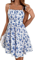 Women Floral Print Ruched Sleeveless Ruffle Hem A Line Swing Cami Dress