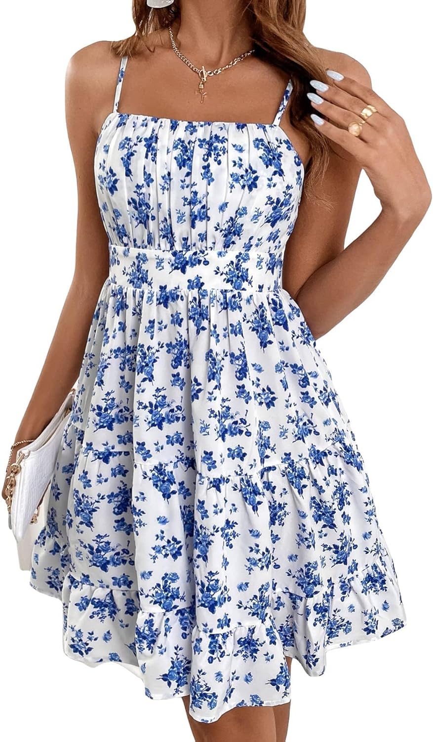 Women Floral Print Ruched Sleeveless Ruffle Hem A Line Swing Cami Dress