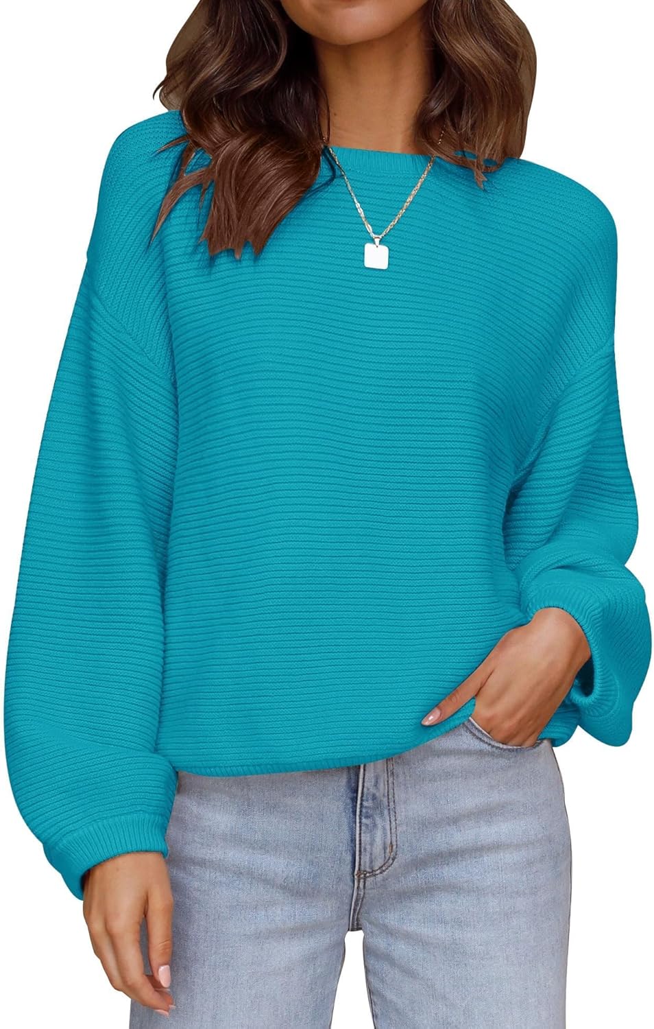 Women 2024 Crew Neck Long Lantern Sleeve Casual Loose Ribbed Knit Solid Soft Pullover Sweater Tops