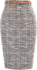 Women Tweed Pencil Skirt Knee Length High Waisted Skirts with Slit Elegant Skirts with Belt