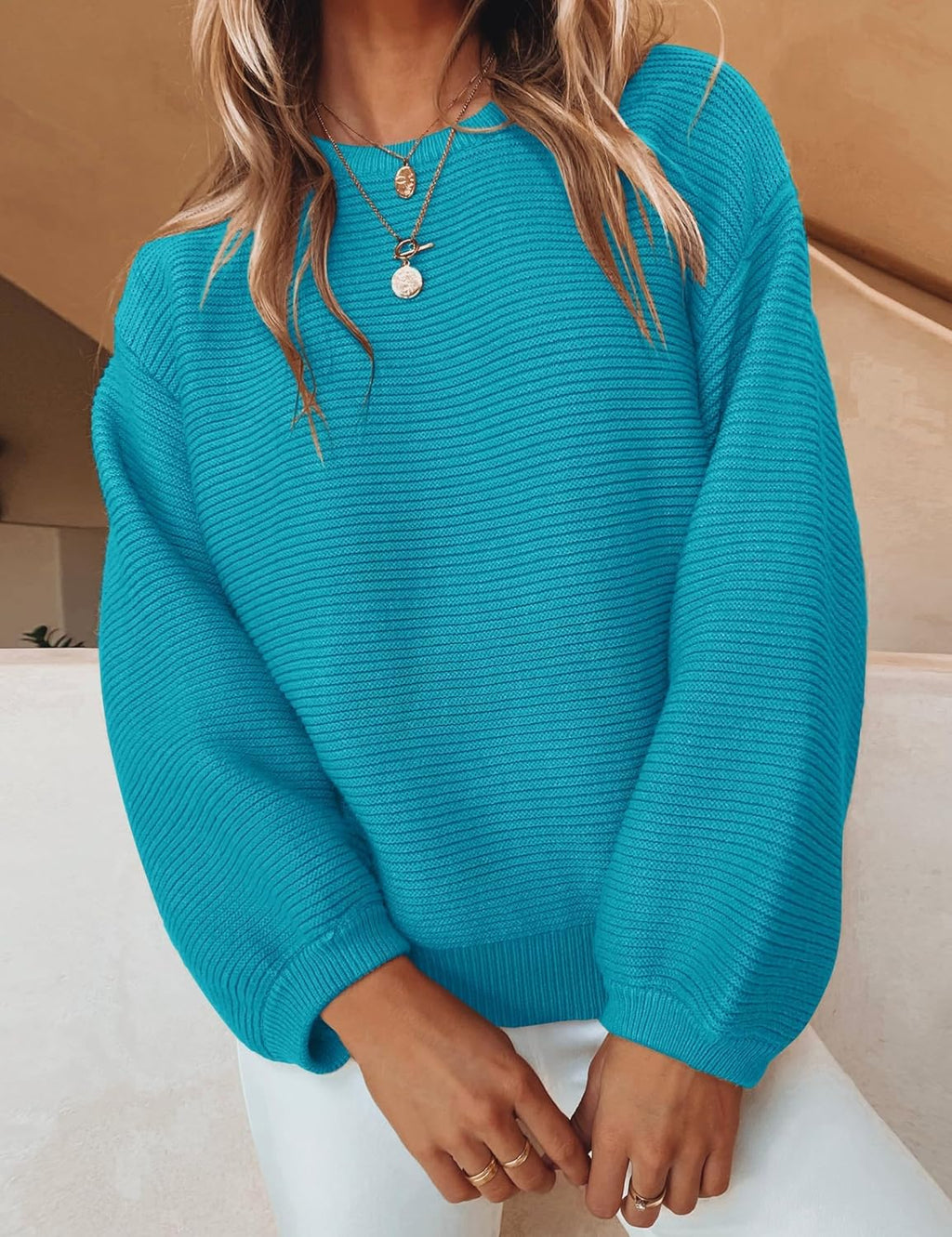 Women 2024 Crew Neck Long Lantern Sleeve Casual Loose Ribbed Knit Solid Soft Pullover Sweater Tops