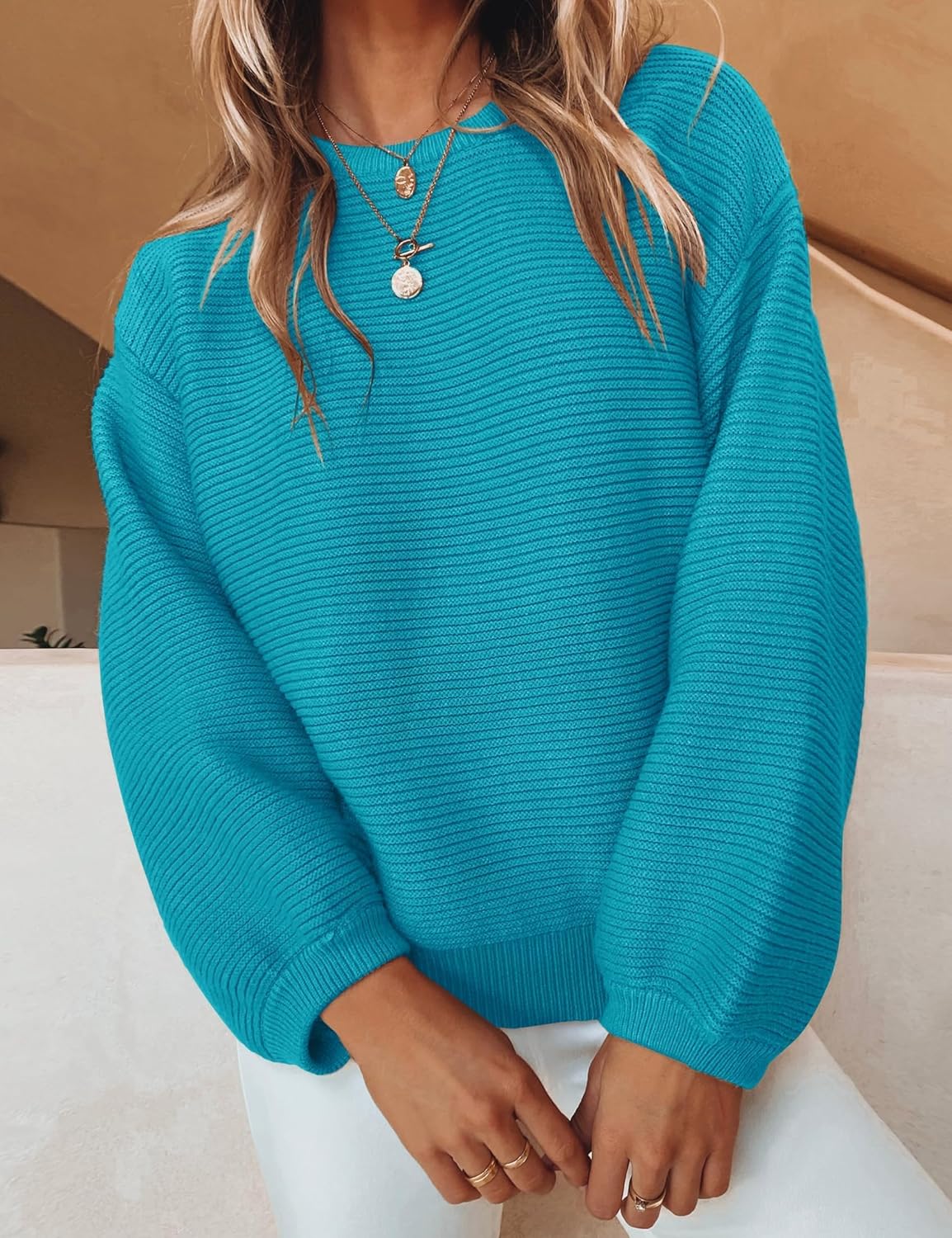 Women 2024 Crew Neck Long Lantern Sleeve Casual Loose Ribbed Knit Solid Soft Pullover Sweater Tops