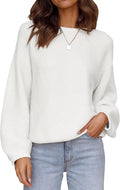 Women 2024 Crew Neck Long Lantern Sleeve Casual Loose Ribbed Knit Solid Soft Pullover Sweater Tops