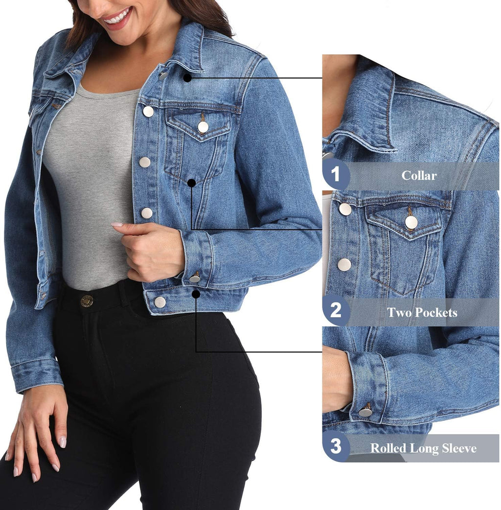 Women Denim Jackets Cropped Long Sleeve Basic Button Down Crop Jean Shacket with Pockets