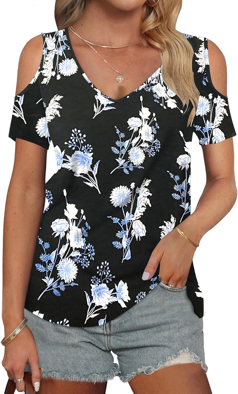 Women Summer T Shirts Casual Ladies V Neck Tops Short Sleeve Cold Shoulder Loose Fit Blouse 2025 Trendy Clothing