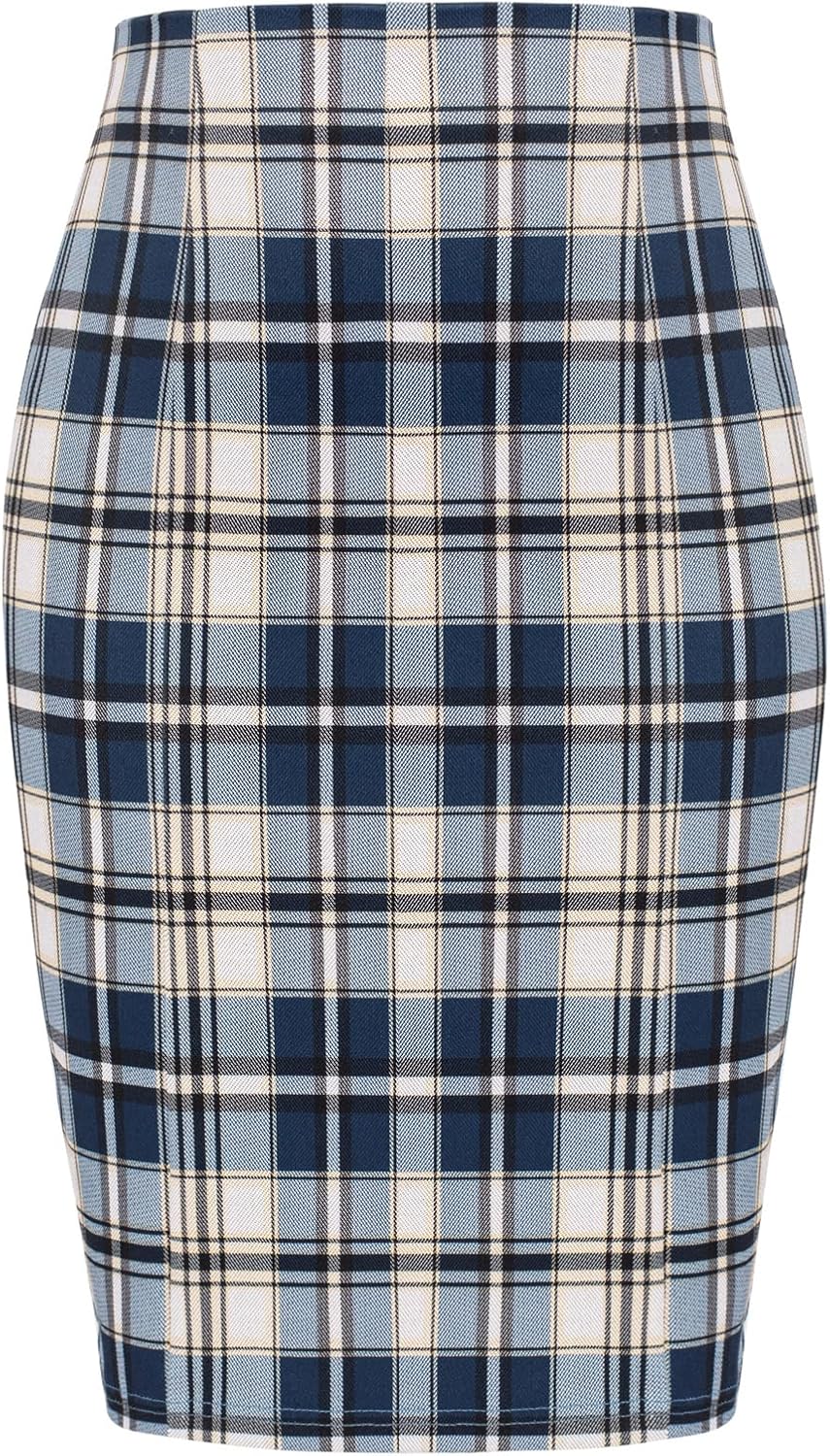 Women Knee Length Elastic Waist Stretchy Bodycon Plaid Business Pencil Skirt