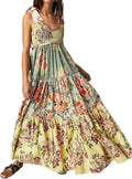 Women Floral Boho Sundress Tie Shoulder Smocked Patchwork Flowy Maxi Dresses with Pockets Summer Fall