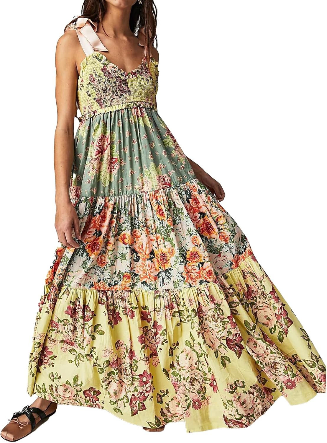 Women Floral Boho Sundress Tie Shoulder Smocked Patchwork Flowy Maxi Dresses with Pockets Summer Fall