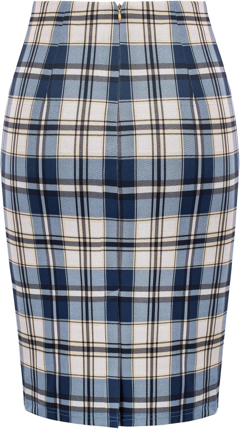 Women Knee Length Elastic Waist Stretchy Bodycon Plaid Business Pencil Skirt