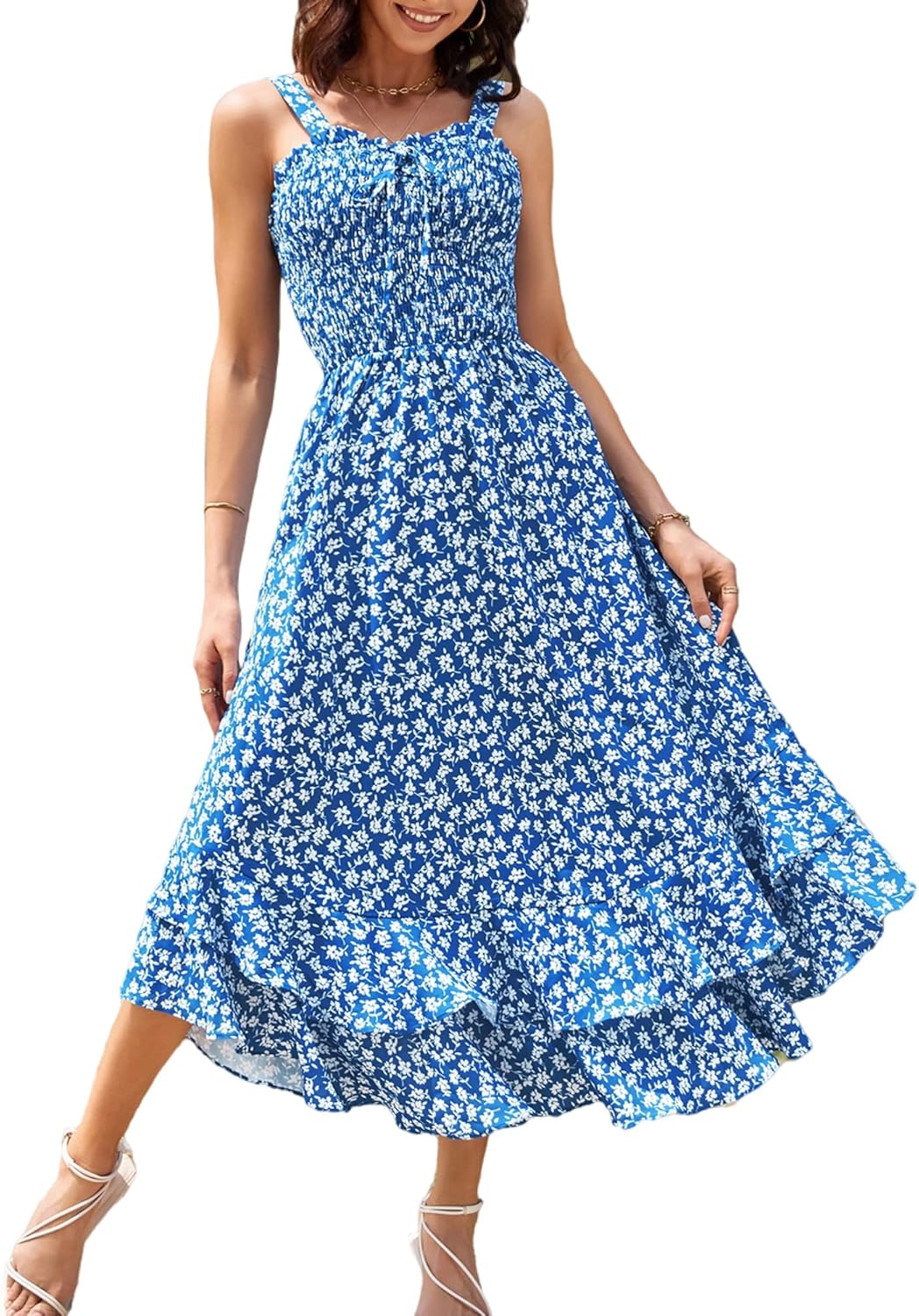 Women 2025 Summer Floral Boho Dress Square Neck Strapped Swing A Line Sundress Beach Long Maxi Outfits